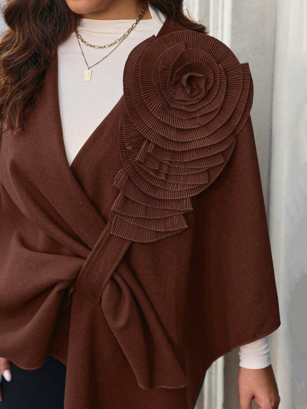 Brown Casual Women's Asymmetrical Hem Floral Decor Poncho Jacket - Picture 8 of 8